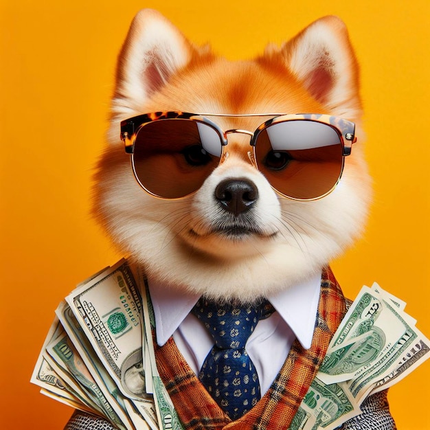 Foto perro rico y exitoso con gafas de sol y dinero en efectivo fondo amarillo