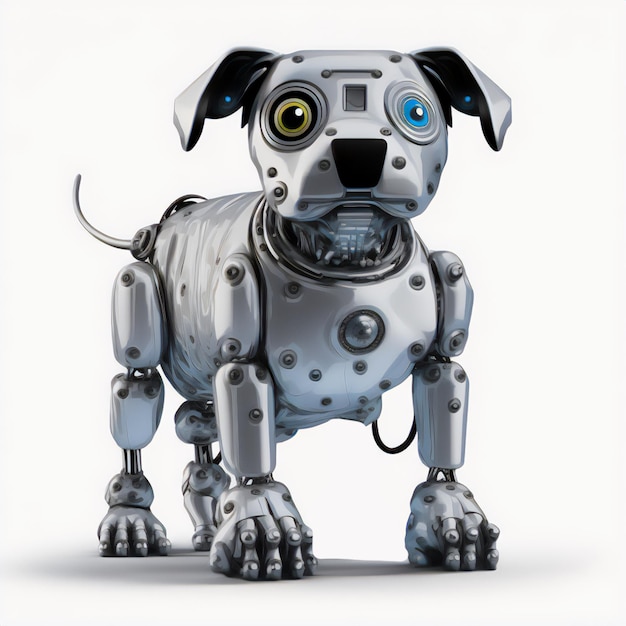 Un perro robot es capturado en una ilustración sobre un fondo blanco sentado pacientemente