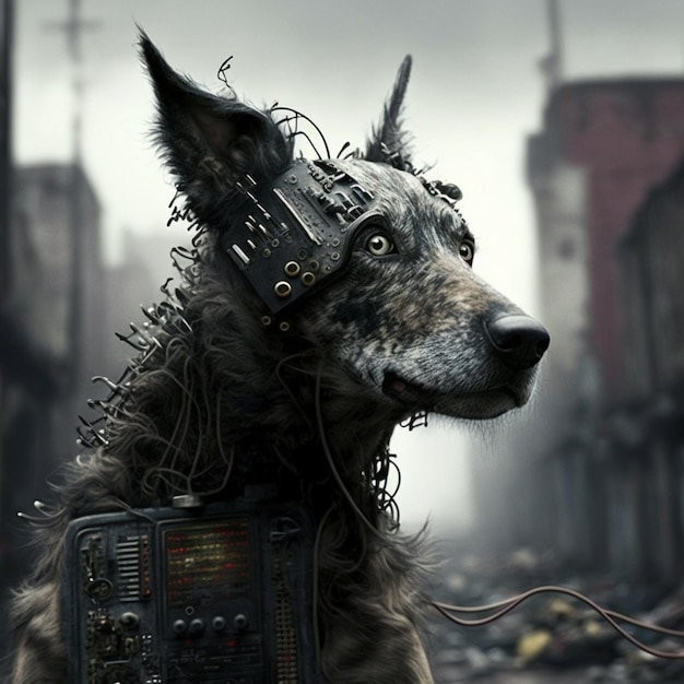 Un perro con un robot en la espalda lleva un chaleco con cables y alambres.