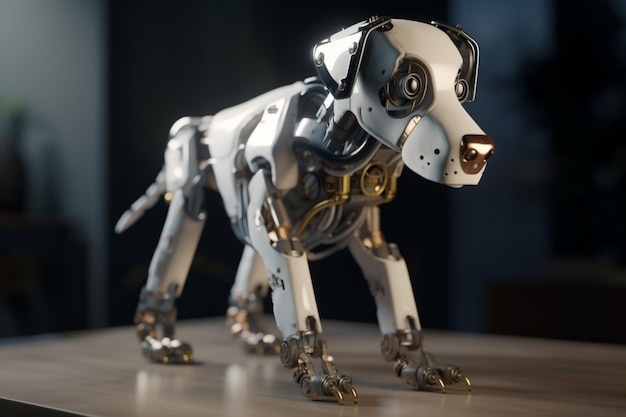 Un perro robot está parado sobre una mesa.