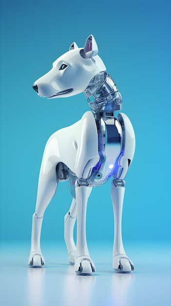 Foto un perro robot con un fondo azul y la palabra robot en él.