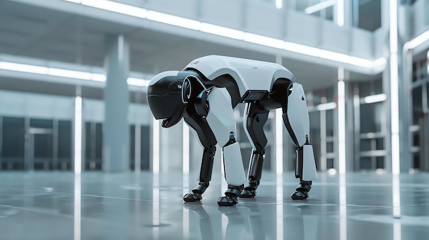 Foto un perro robot está de pie en cuatro patas en una habitación moderna y bien iluminada. es blanco con acentos negros y tiene una cámara montada en la cabeza.