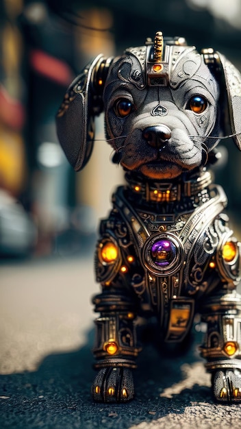 Un perro robot con un robot en la cara.