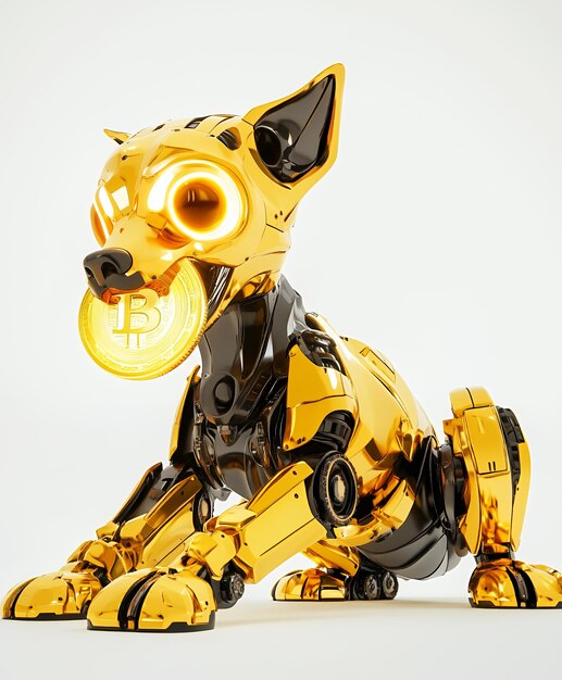 Un perro robótico hecho de oro sosteniendo un Bitcoin que simboliza la tecnología y la criptomoneda
