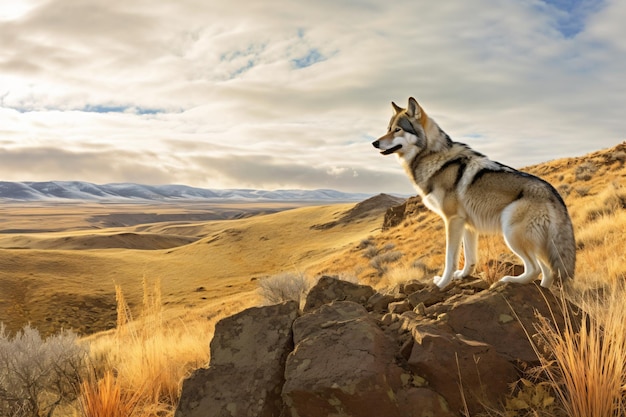 Un perro en una roca en las montañas.