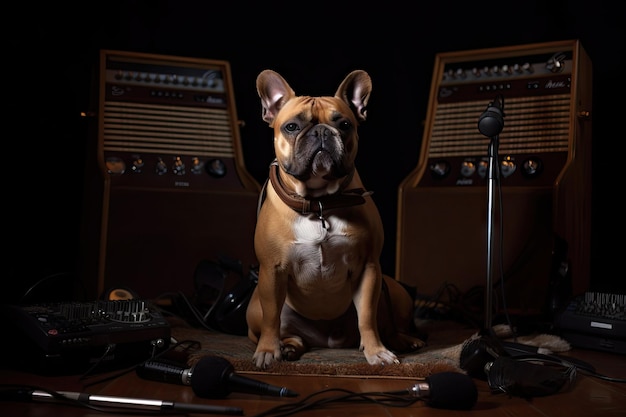 Perro rockero sentado en su trono de guitarras y micrófonos creado con IA generativa