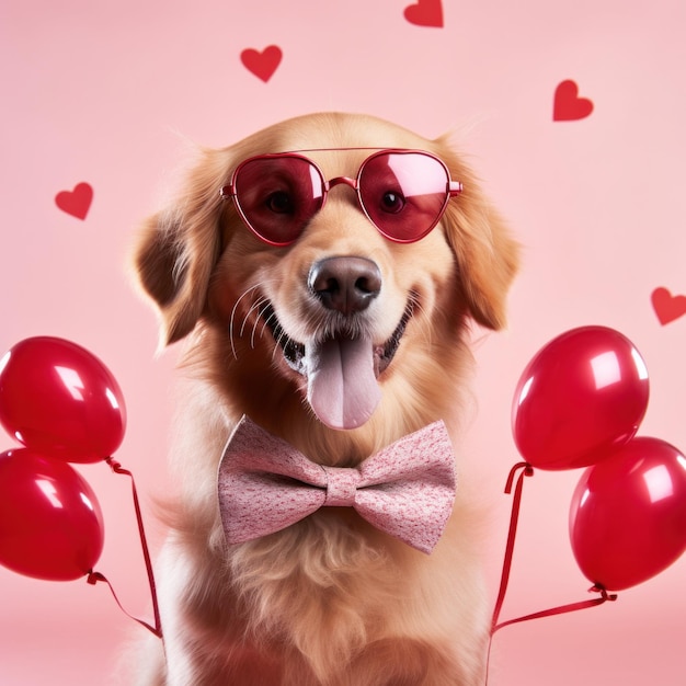 Perro rodeado de globos en forma de corazón