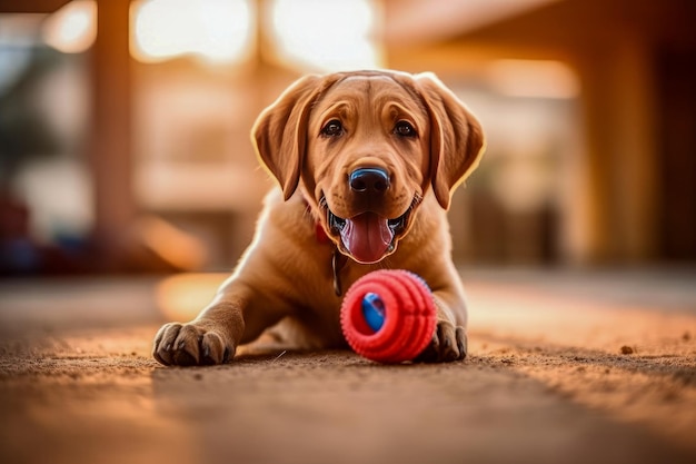 Foto un perro rodeado de juguetes y jugando