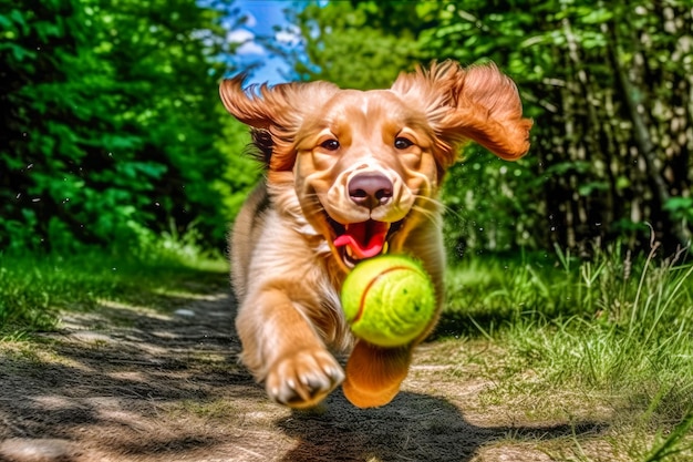 Foto un perro rodeado de juguetes y participando en juegos que simbolizan la alegría inherente y el espíritu juvenil.