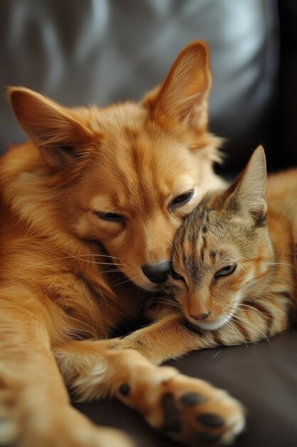 Un perro rojo y un gato tabby comparten un abrazo amoroso que ejemplifica una rara amistad entre especies