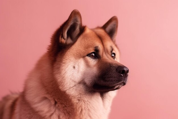 Perro rojo japonés akita inu en un fondo rosado primer plano el concepto de amor por los perros