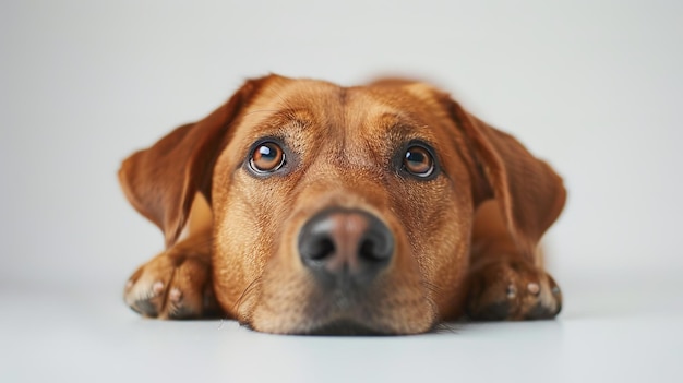 perro rojo yace en el suelo y mira con ojos tristes en un fondo completamente blanco