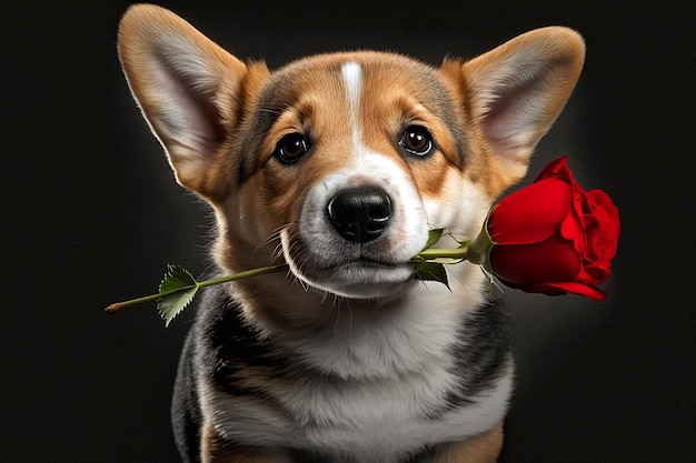 Un perro con una rosa en la boca.