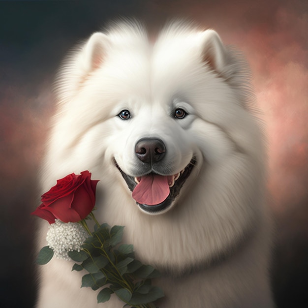 Un perro con una rosa roja en la boca.