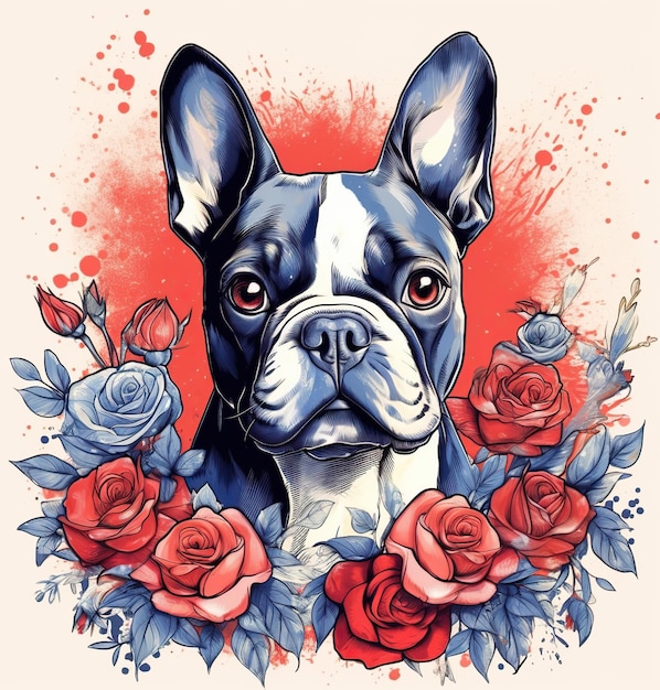 Un perro con rosas en él.