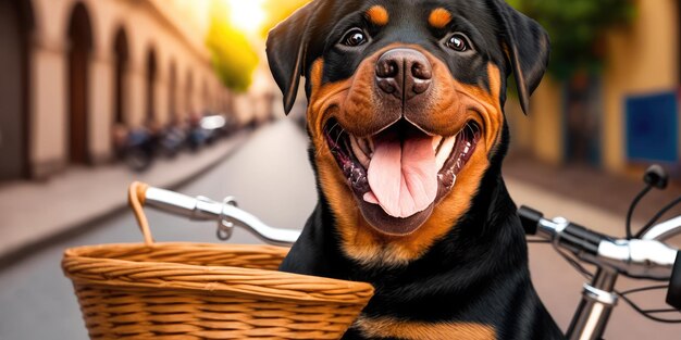 El perro rottweiler se divierte en bicicleta el día del sol por la mañana en verano en la calle de la ciudad