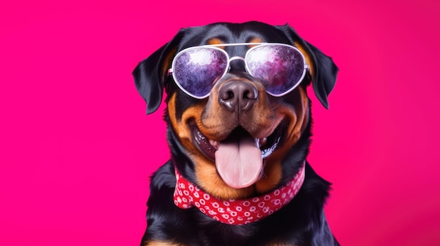 Foto perro rottweiler con gafas de sol fondo de color ia generativa