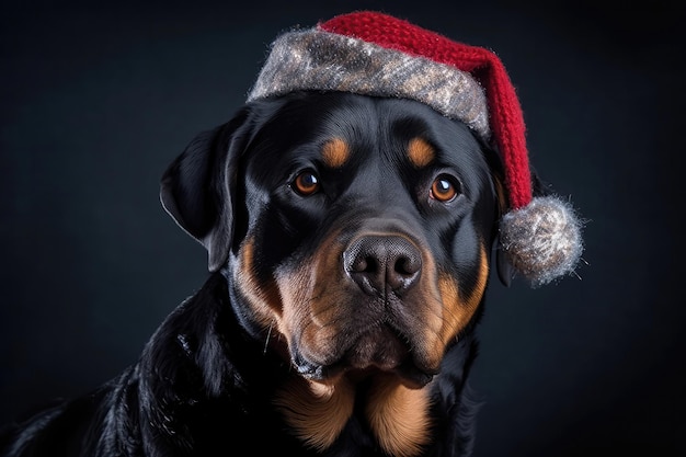 Perro rottweiler en Navidad navideña o tapa de año nuevo sobre fondo negro IA generativa