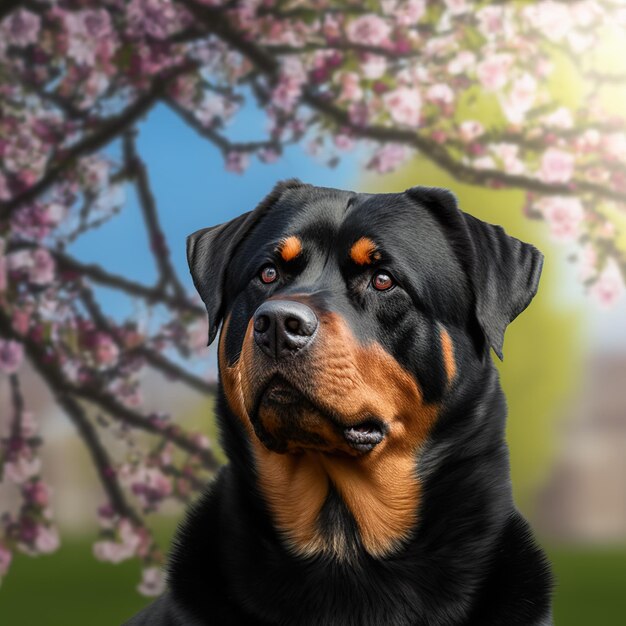 Perro rottweiler realista sobre un deslumbrante fondo natural al aire libre