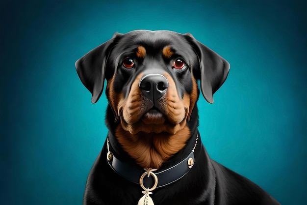 Perro Rottweiler sobre un fondo azul azulado