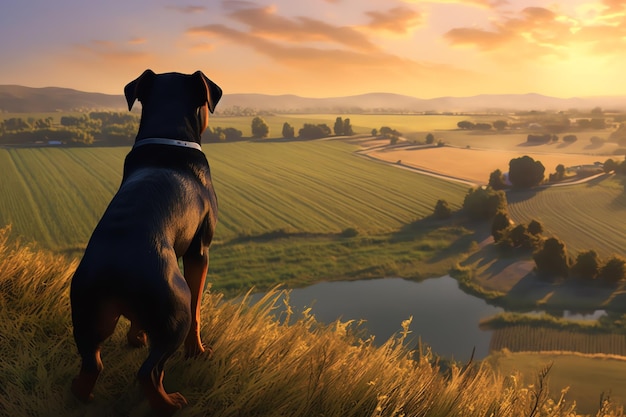 Un perro Rottweiler con vistas a una granja al amanecer