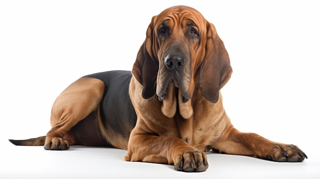 Un perro sabueso acostado con la cabeza hacia abajo y las patas delanteras cruzadas.