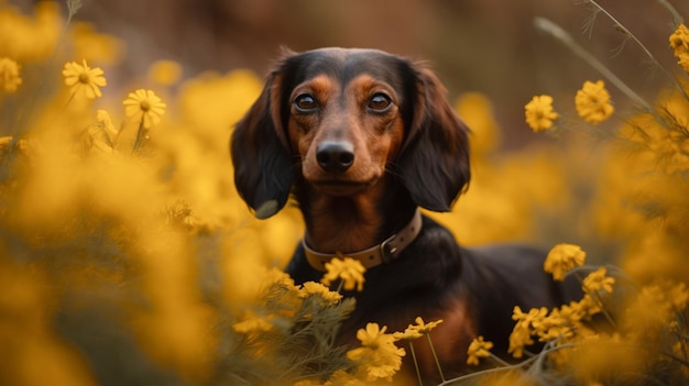 Un perro salchicha en un campo de flores.