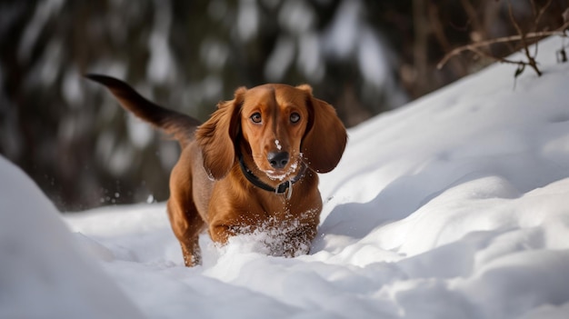 Un perro salchicha corriendo por la nieve