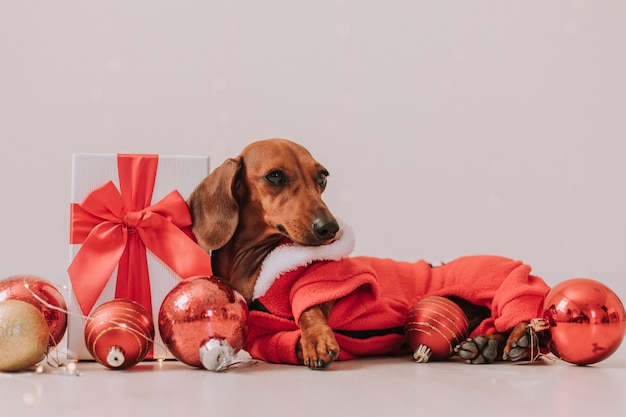 Perro salchicha disfrazado de Papá Noel año nuevo concepto de invierno Espacio para texto Foto de alta calidad