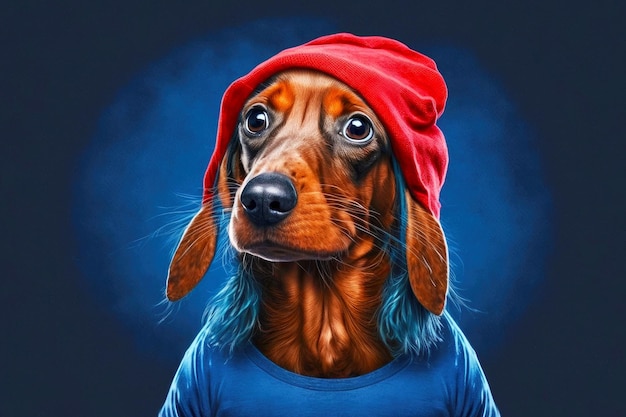 Perro salchicha divertido y gordo con gorra roja y sobre fondo azul ilustración generativa de ai