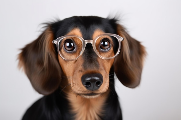 Perro salchicha con gafas sobre un fondo blanco.