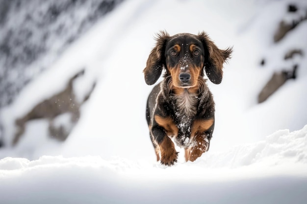 Perro salchicha con pelaje gris sube en una pendiente cubierta de nieve ilustración generativa de ai