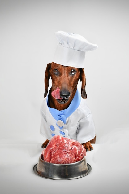 Foto un perro de salchicha rojo en un disfraz de chef está al lado de la carne
