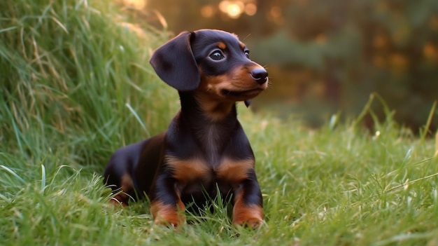 Un perro salchicha se sienta en la hierba