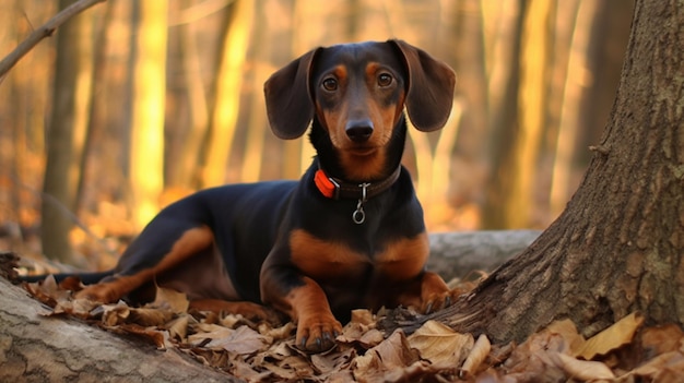 Un perro salchicha tirado en el suelo en el bosque