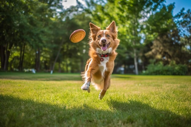 Un perro salta en el aire con un frisbee en la boca.