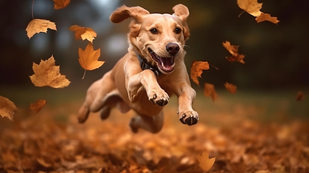 Un perro salta por el aire con hojas cayendo sobre él.