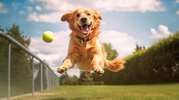 El perro salta alegremente en el aire atrapando la pelota IA generativa