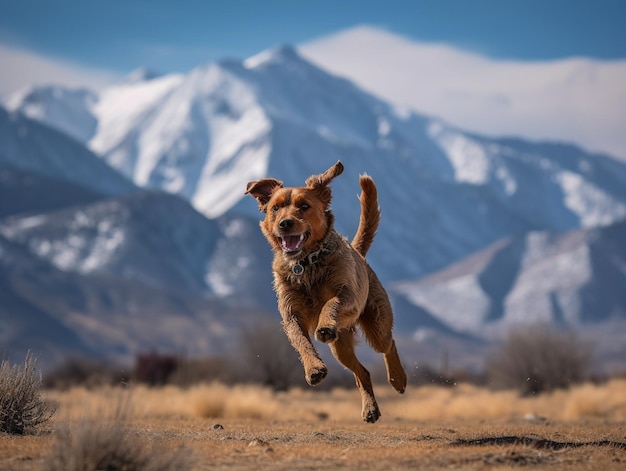 Un perro salta frente a una cordillera.