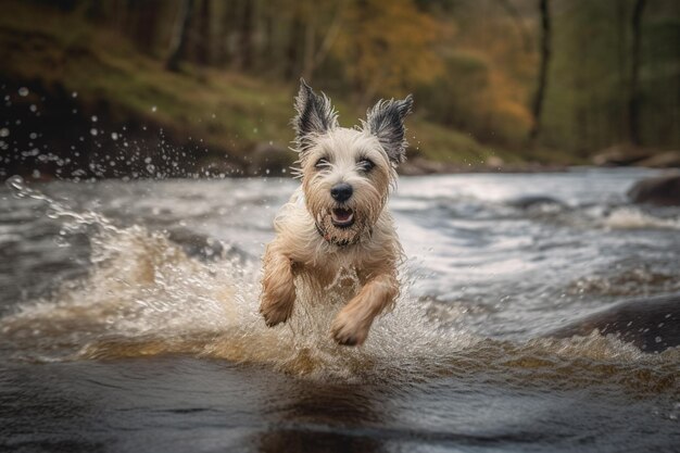 Un perro salta a un río con la palabra highland en el frente.