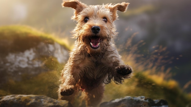 Un perro salta sobre rocas en un campo.