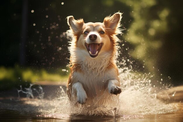 Un perro saltando en el agua con la boca abierta.