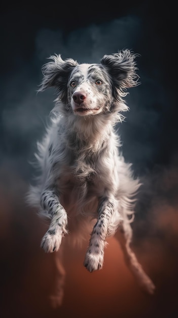 Un perro saltando en el aire con un fondo oscuro.