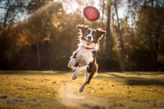 Un perro saltando en el aire con un frisbee en la boca.