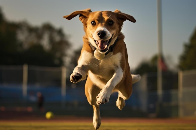 Un perro saltando en el aire con un palo en la boca.