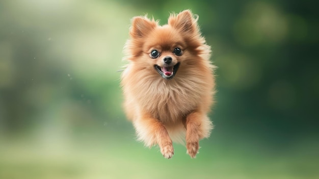 Perro saltando en el aire pequeño perro peluche naranja en el fondo aislado animales mascota hambriento jugando cachorro que quiere comida cachorro