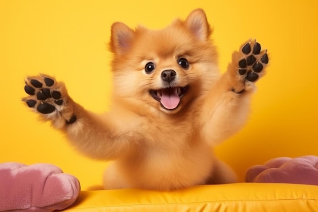 perro saltando en el aire pequeño perro peluche naranja en un fondo aislado.