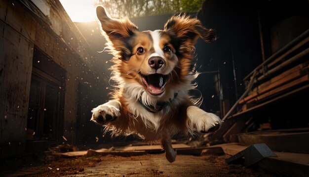 un perro saltando en el aire con el sol detrás de él