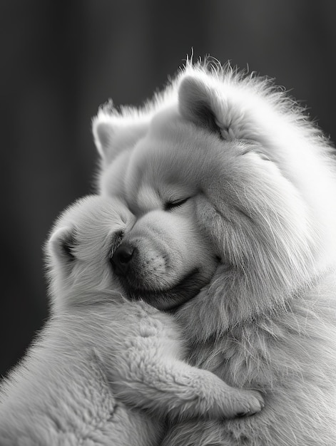 Perro Samoyed abrazando cachorros con los ojos cerrados Padre y cachorro comparten un momento tierno en monocromo