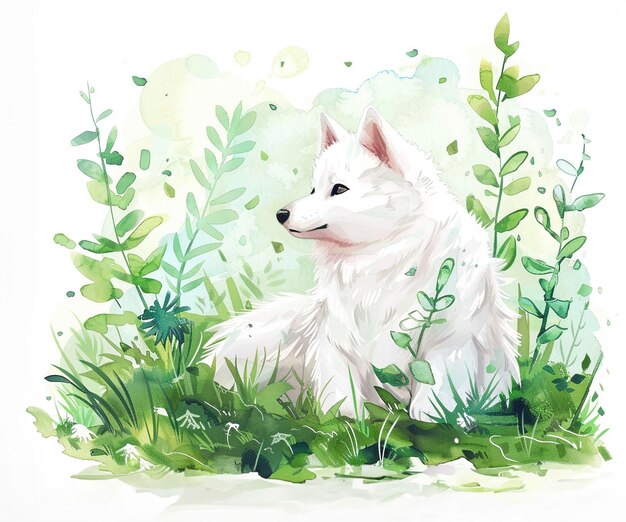 Perro samoyedo blanco en el prado de primavera Pintura en acuarela